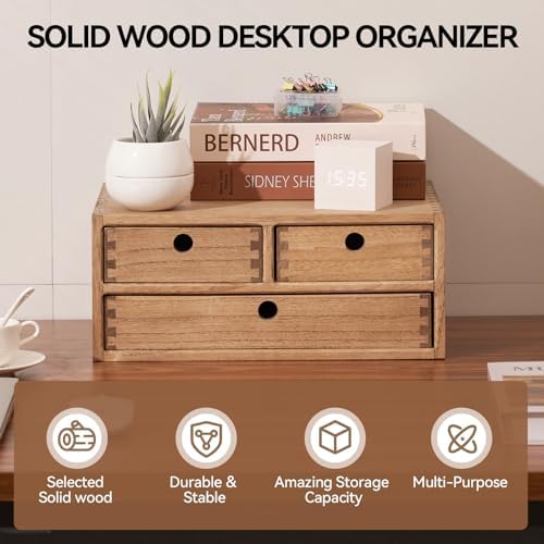 KIRIGEN Wood Desk Organizer with 3 Drawers, Desktop Storage Brown 23-DBR