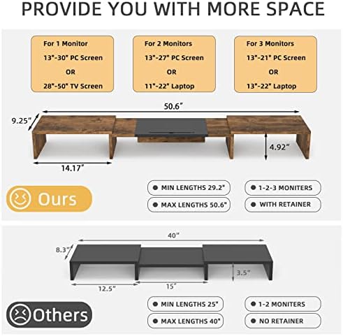 WESTREE Triple Dual Monitor Stand Riser, Extra Long Monitor Stand for 1~2~3 Monitors, Monitor Stand with Length and Angle Adjustable, 3 Shelf Desktop Storage Riser for Monitor Computer Screen Laptop