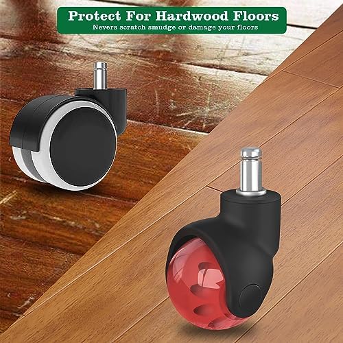 Office Chair Wheels Replacement 2 Inch Rubber Ball Caster Wheels for Wood Floor Carpet Mats, Set of 5, Heavy Duty Desk & Gaming Chair Casters 7/16" (11mm) Grip Ring Stem, Quiet Smooth Rolling (Red)