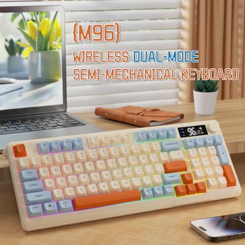 LexonElec M96 Wireless Gaming Keyboard,Knob Control Bluetooth/2.4G Wireless Mechanical Feeling Keyboard,RGB LED Backlit with Display Screen, PBT Keycap, 3000mAh, 94-Key Layout for Win/Mac (Blueberry)