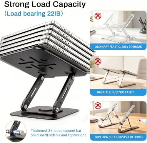 360°Rotating Laptop Stand, Ergonomic Adjustable Foldable Notebook Riser, Metal Computer Holder Compatible with 10-17.3" Laptops, Desktop Printer Stand, for Home & Office (Black)