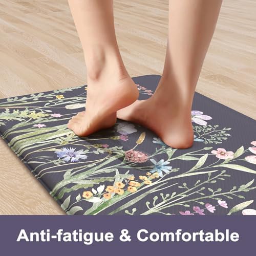 KIMODE Anti Fatigue Kitchen Mat for Floor, Floral Kitchen Rugs Sets of 2