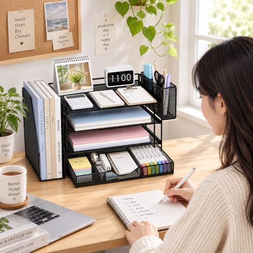 4-Tier Desk File Organizer with Drawer & Pen Holder (Black)