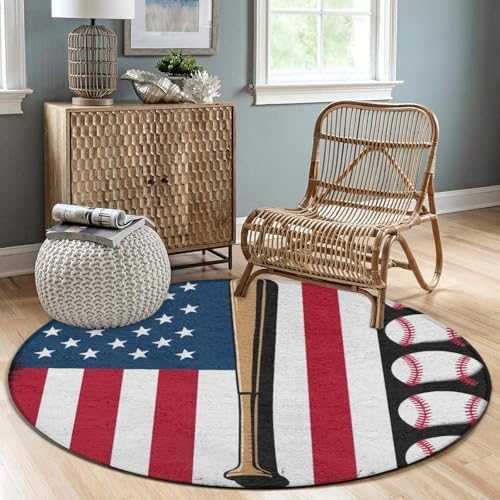 Large Machine Washable Circular Rugs, Home Decor Round Mat for Living Room Sofa Office Red Line Baseball American Flag