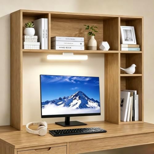 3 Tier Desktop Bookshelf with Rechargeable Eye-Friendly LED Desk Light, Desk Hutch Organizer with 5 Shelves, Wooden Desk Bookshelf for Office, Dorm and Small Space, Burlywood