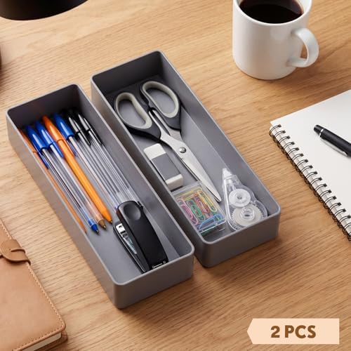 Teling 4 Pcs Grey Plastic Desk Drawer Organizer Pen Tray Shallow