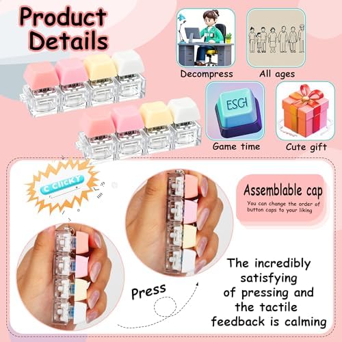 2 PCS Keyboard Fidget Toy, Keyboard Fidget Keychain 4-in-1 Keyboard Decompression Button Finger Clicker Toys, Button Stress Relief Fidget Gifts to Relief Stress (Fours Colors-Pink Yellow White)