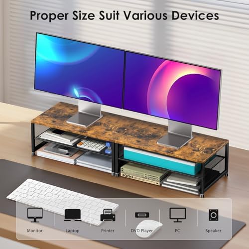 ECOLOVI 2-Tier Computer Monitor Stand Riser, Printer & Laptop Stand, Office Desk Accessories, Workspace Desk Organizer for Home Office Supplies, Brown