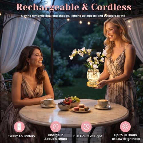 Lily Flower Lamps, Rechargeable Cordless Small Desk Lamp, 3 Colors Dimmable Artificial Flowers Night Light, Fake Bouquet 3 Lilies with Crystal Vase for Home Date Party Decoration (Pink - May Bells)