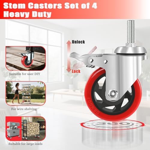 4 inch Caster Wheels 1/2 Threaded Stem Casters Set of 4 Heavy Duty