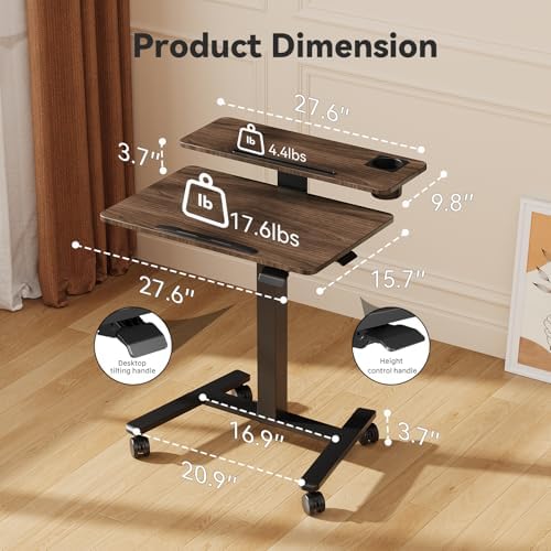 28" Mobile Standing Desk, Tiltable Top with 2-Tier Shelves, Walnut