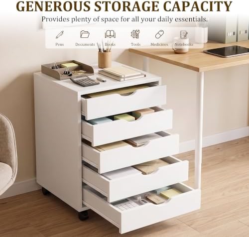 5 Drawer Rolling Storage Cabinet, Mobile File Cabinet for Office, White