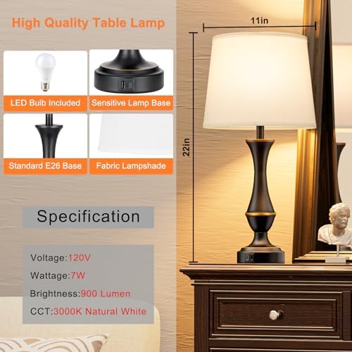Touch Lamps for Nightstand, 3 Way Dimmable Lamps for Bedroom with USB C+A
