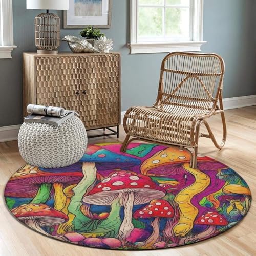 Large Round Area Rug Home Decor Modern Bathroom Rug Kitchen Office Circle Rug for Living Room Sofa Circle Cute Mat Colorful Mushrooms Art, 24inch