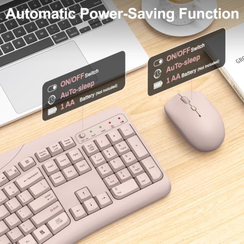 Wireless Keyboard and Mouse Combo, 2.4G Quiet Ergonomic Curved Keys(Pink)