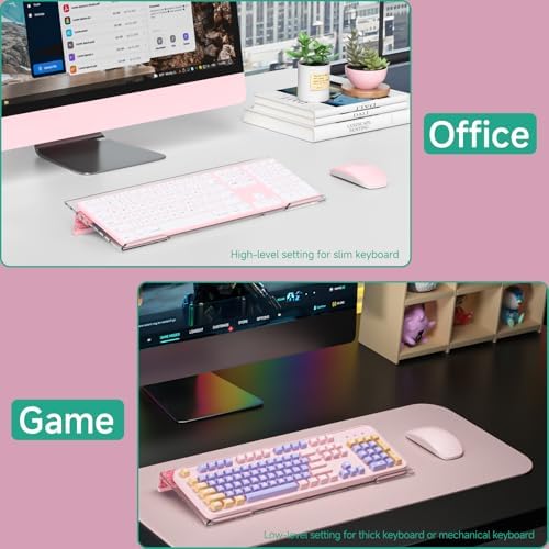 Ergonomic Computer Keyboard Stand - Adjustable Keyboard Riser Tilt Clear and Glitter Pink Acrylic Keyboard Tray Non-Slip Elevated Typing Key Board Holder Lift for Home Office Desk Accessories