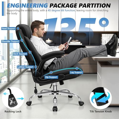 BestGlory Executive Office Chair with Lumbar Support, Big and Tall Ergonomic Computer Desk Chair, Leather Comfy High Back Gaming Chair with Flip Up Arms & Rocking Function for Home Office, Black