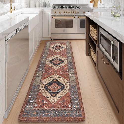 KIMODE Kitchen Mats Cushioned Anti Fatigue, Red Boho Vintage Kitchen Rugs