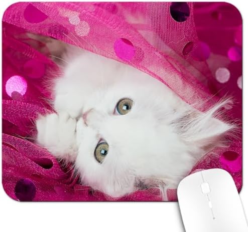 9.5x7.9 Inch Office/Gaming Mouse Pad, Lovely White Fluffy Kitten in Pink Glitter Sparkle Tulle Adorable Cat Pet, Cute Anti-Slip Mat for Desk Decor