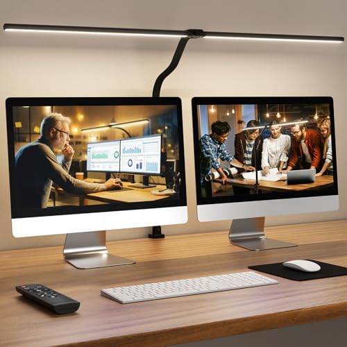 LED Desk Lamp for Home Office, 24W Computer Desk Light with Remote Control, Bright Table Lamp with Clamp Dimmable Tall Desktop Lighting with Bendable Gooseneck, Double Head, Black