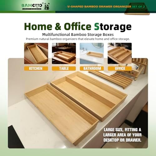 BAMOTTO CRAFTBAMBOO Long V-Shaped Bamboo Drawer Organizer Set of 2