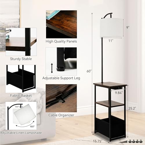 Qupui Floor Lamp with Table, USB Charging, Fabric Basket, Brown