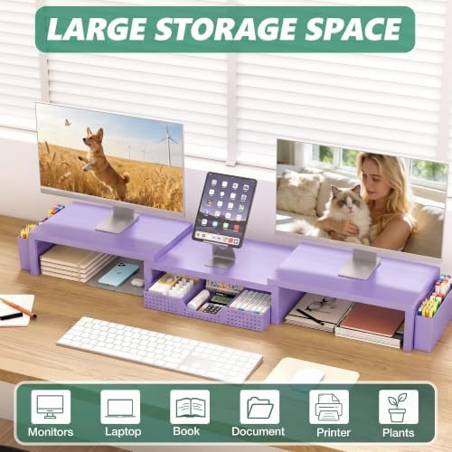OPNICE Desk Organizer and Accessories, Computer Monitor Stand Riser with Drawer and 2 Pen Holders, Laptop Stand, Office Desk Accessories for Office Supplies, Purple