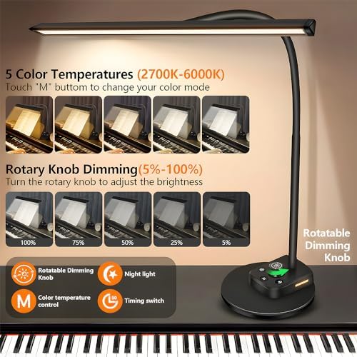 Piano Light, Upgraded LED Piano Lamp for Grand/Upright & Digital Pianos, Music Stand Lamp with Adjustable Gooseneck, Auto-Off Timer, 5 Color Modes Dimmable & USB Charging Port Eye-Care Desk Light