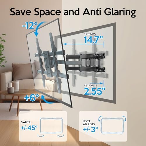 Full Motion TV Wall Mount Bracket Dual Articulating Arms Swivels Tilts Rotation for Most 37-75 Inch Flat Curved TVs,Holds up to 110lbs, Max VESA 600x400mm,Fits up to 16" Studs