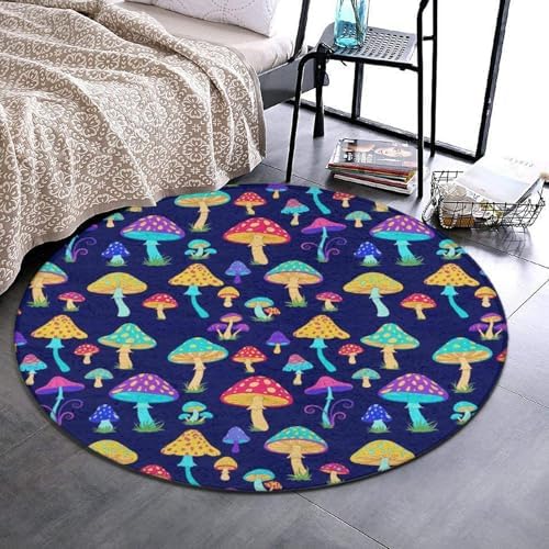 Men's Large Home Decor Mat, Soft Round Yoga Carpet, Non Slip Machine Washable Home Office Circle Rug Trippy Colorful Neon Mushrooms, 24inch