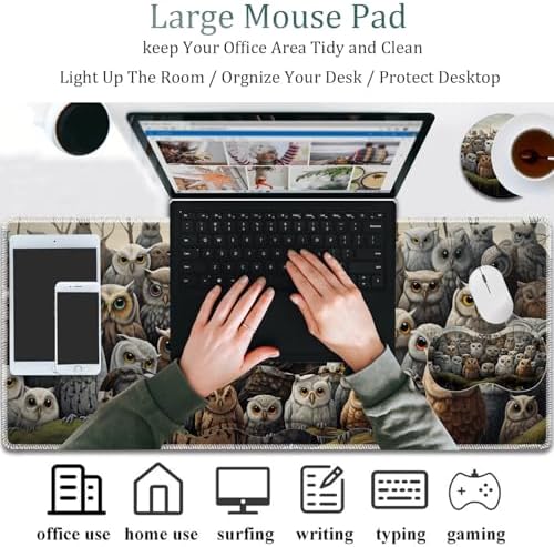 4 in 1 Mouse Pad Combo, Large Gaming Mouse Pad + Keyboard Wrist Support + Mouse Wrist Rest + Coaster, Table Pad 31.5 "x 11.8" with Memory Foam Ergonomic Wrist Pad Set, Many Owl