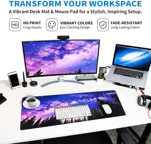 Extended Galaxy Forest Desk Mat, XL Large Gaming Mouse Pad, Purple Starry Sky Stitched Edges Waterproof with Non-Slip Rubber Base for Computer Keyboard Laptop Work Home Office 31.5"x11.8"