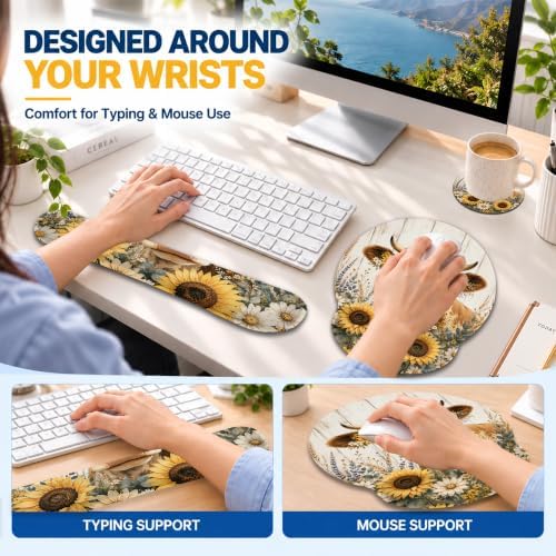 Fun Sunflower Cow Mouse Pad with Wrist Rest, Keyboard Support and Coaster