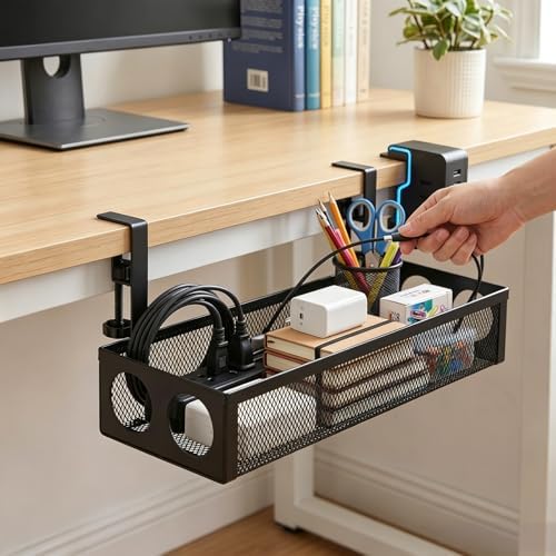 UIN Under Desk Cable Management Tray No Drill,15.35" Metal Cord Organizer with Clamp for Standing Desk, Cable Organizer for Home Office (Black)