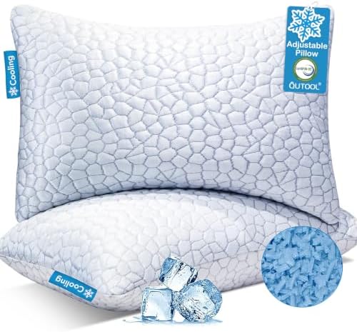 QUTOOL Cooling Pillow for Sleeping, CertiPUR-US Shredded Memory Foam Standard Pillows Set of 2,Cool Pillow for Hot Sleepers Adjustable Firm Pillow for Side,Back,Stomach Sleepers Soft Yet Support,White