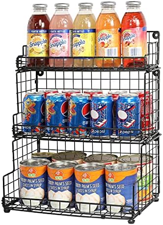 X-cosrack Stackable Wire Basket 3 Tier Countertop& Wall Mounted Metal Storage Basket for Kitchen Pantry Cabinet, Muti-functional Open Front Bin Organizer for Food Fruit Snack, Black