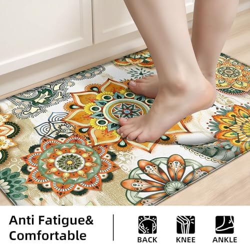Boho Yellow Floral Kitchen Rugs Mats for Floor 2 Piece Memory Foam Padded Kitchen Mats Anti Fatigue Non Slip Cushioned Comfort Standing Mat, 17.3x28+17.3x47 Inch