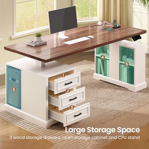 SEDETA 63" Farmhouse Electric Standing Desk with 3 Drawers, Storage Shelves