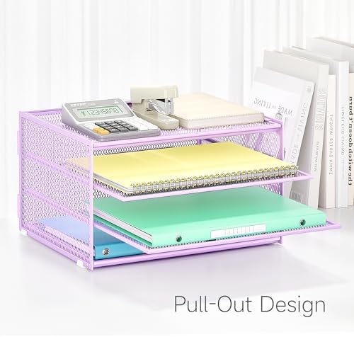 Lavatino 3-Tier Letter Tray Desk Organizer – Purple Mesh Metal Paper File Tray Organizer for Desk, Office Supplies & Home Organization | Fits A4/Letter Paper, Mail, Magazines and Office Accessories