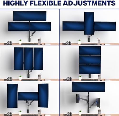 VIVO Pneumatic Arm Triple Ultrawide Monitor Wall Mount for Up to 49 inch Screens with Height Adjustment, Heavy Duty, Holds 3 Ultra Wides Up to 35.2 lbs, Black, MOUNT-VW300D