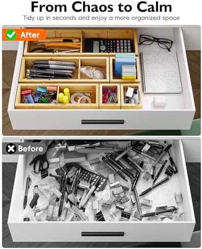 Bamboo Drawer Organizer Set, 6 PCS Trays with 12 Compartments
