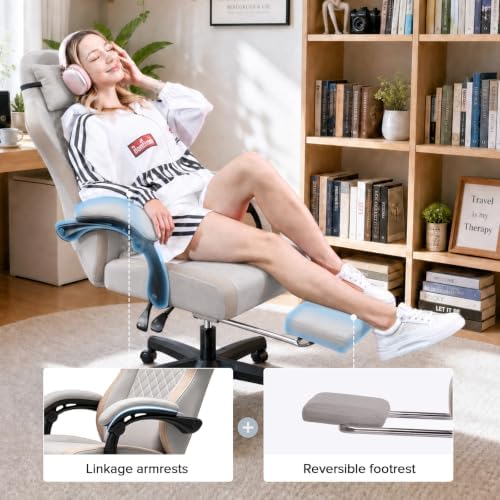 GTPLAYER Gaming Chair Fabric with Pocket Spring Cushion, Big and Tall Gamings Chairs 350LBS High Back Computer Chair with Footrest for Adults Lumbar Support Swivel Game Chair for Office Light Brown