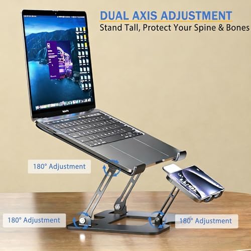 Laptop & Phone 2-in-1 Cooling Stand with Silent Fan, Adjustable Height & Angle, Carbon Steel Foldable Laptop Riser, Gaming Laptop Cooler Pad for Laptops Up to 18 Inch (Black)