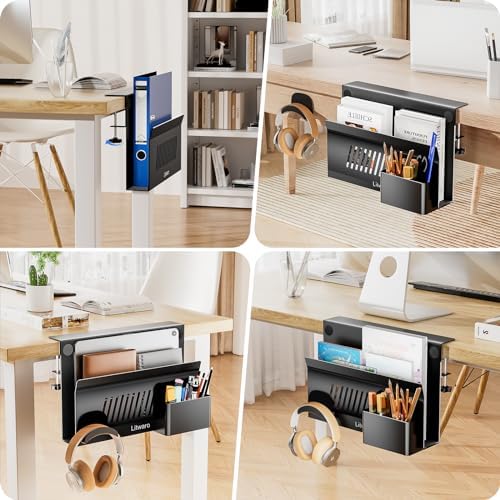 Litwaro Desk Side Storage, No Drill Laptop Holder with Magnetic Pen Holder, Clamp on Laptop Mount with Sticky Headphone Stand, Hanging Organizer for Office, Fits Flat Table Edge 0.4" to 2" (Black)
