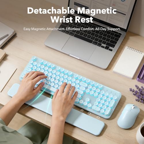 Wireless Keyboard and Mouse Combo, Backlit Round Keycaps, Glowing Blue