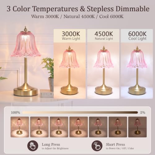 Cordless Table Lamp, Rechargeable Pink Glass Tulip Flower Touch Lamp