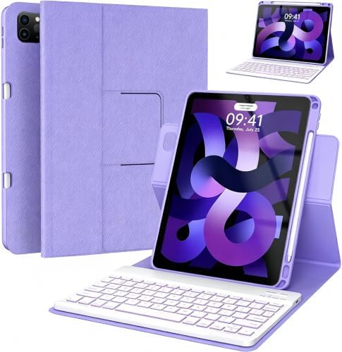 Keyboard case for ipad Air 11 inch(M2 2024)/10.9 Inch Air 5th 4th Generation & iPad Pro 11 inch (1st/2nd/3rd/4th Gen) 360° rotational case Folio Cover with Pencil Holder - Backlit Detachable-(Purple)
