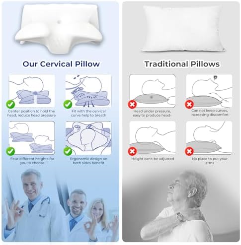 Cervical Pillow for Neck Pain Relief, Cooling Contour Memory Foam Pillows Support Odorless Ergonomic Neck Pillow Adjustable Orthopedic Bed Pillow for Side Back Stomach Sleeper with Pillowcase,White