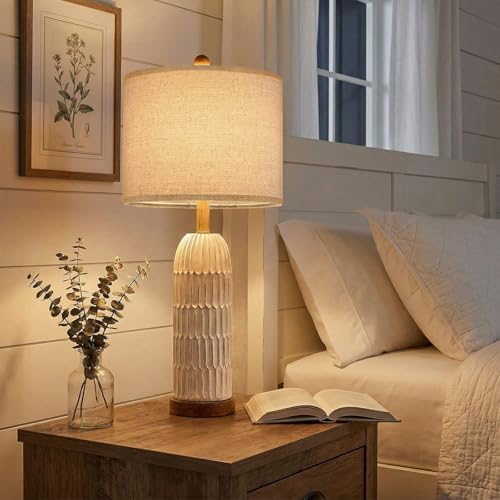 OYEARS 26.5" Bedside Table Lamps Set of 2, Farmhouse Table Lamp with USB A+C Charging Ports,Vintage Nightstand Lamp for Bedrooms and Living Rooms, Retro Resin End Table Lamp with Linen Shade, Brown