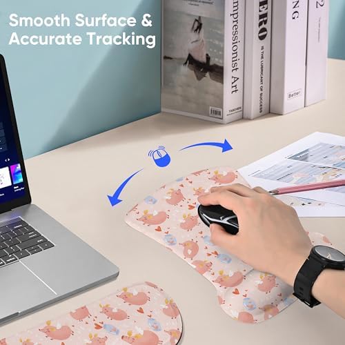 Ergonomic Memory Foam Keyboard Mouse Pad Set with Wrist Rest Support,Non-Slip Hand Wrist Cushion for Laptop/Notebook/Desktop/Computer/Gaming/Office,Easy Typing& Pain Relief (Pink Pig)